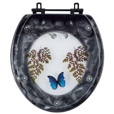 Assento Sanitário Decorado Oval Convencional Preto Com Borboleta Azul Com Ferragem Preta