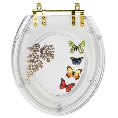 Assento Sanitário Poliéster Oval Transparente Com 4 Borboletas Para Todas As Marcas Com Ferragem Dourada