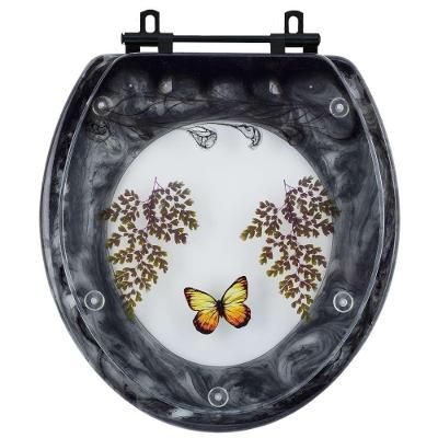 Assento Sanitário Decorado Oval Convencional Preto Com Borboleta Amarela Para Todas As Marcas Com Ferragem Preta