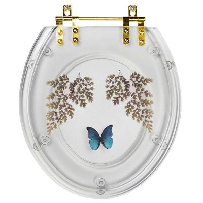Assento Sanitário Poliester Oval Transparente Decorado Borboleta Azul Com Ferragem Dourada