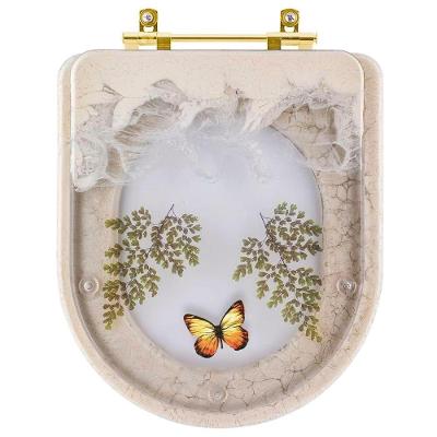Assento Sanitario Poliester Decorado Borboleta Amarela Carrara Bege Claro Deca Com Ferragem Dourada