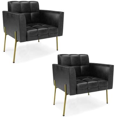 Poltrona Sala Pé Metal Dourado Kit 2 Ana Sintético Pu Preto - Ibiza