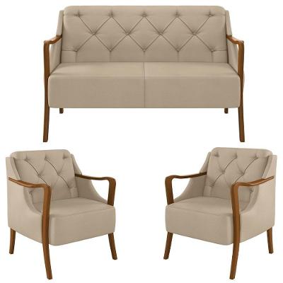 Kit Namoradeira 135cm E 2 Poltronas Decorativas Capitonê Lapa M22 Pu Bege - Mpozenato