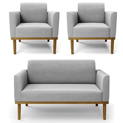 Sofá Namoradeira E 2 Poltronas Base Madeira Castanho Maressa Suede Cinza - Ibiza