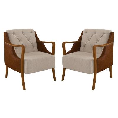 Kit 2 Poltronas Decorativas Para Sala De Estar Capitonê Lapa M22 Pu Camel/linho Cru - Mpozenato
