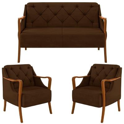 Kit Namoradeira 135cm E 2 Poltronas Decorativas Capitonê Lapa M22 Veludo Marrom - Mpozenato