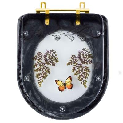 Assento Sanitario Poliester Decorado Borboleta Amarela Carrara Preto Com Ferragem Dourada