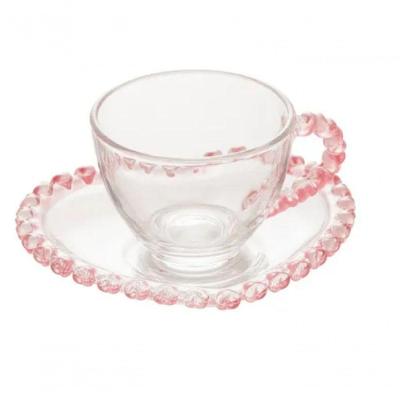 Xicara De Cafe Cristal Coração Borda Rosa 80ml E Pires Lyor