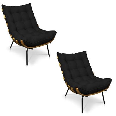 Kit 02 Poltronas Costela Linho Base De Metal - D'Rossi A79 Preto