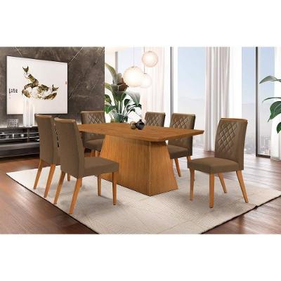 Conjunto Mesa De Cozinha Luna Com Tampo Madeirado Canto Curvo 180x90cm E 6 Cadeiras Jade Imbuia Suede Capuccino Rufato