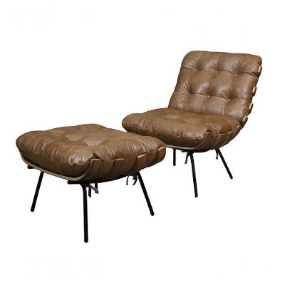 Poltrona E Puff De Couro Costela Soft Brown - Mempra