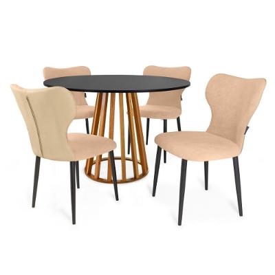 Conjunto Mesa De Jantar Redonda Talia Amadeirada Preta 120cm Com 4 Cadeiras Estofadas Jacobsen - Bege