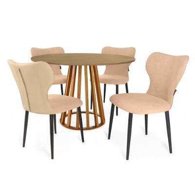 Conjunto Mesa De Jantar Redonda Talia Amadeirada Natural 120cm Com 4 Cadeiras Estofadas Jacobsen - Bege