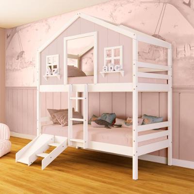 Beliche Casinha Dos Sonhos Com Escada/ Escorregador Madeira Maciça Rosa/ Branco Megamobilia
