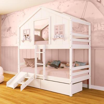 Beliche Casinha Dos Sonhos Com 02 Gavetas Kit Escada/ Escorregador Madeira Maciça Branco/ Rosa Megamobilia