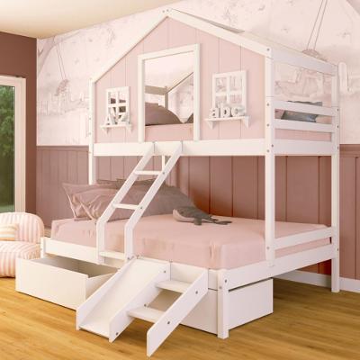 Beliche Casal/ Solteiro Casinha Dos Sonhos Com Gavetas Kit Escada/ Escorregador Madeira Maciça Rosa/ Branco Megamobilia