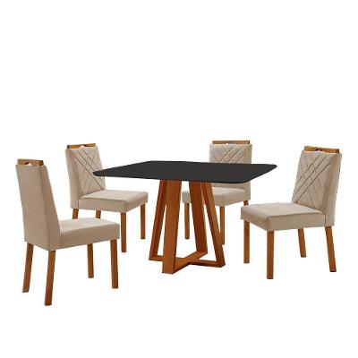 Conjunto Sala De Jantar Mesa Floripa 120x90cm Preto Com 4 Cadeiras Dallas Veludo Bege