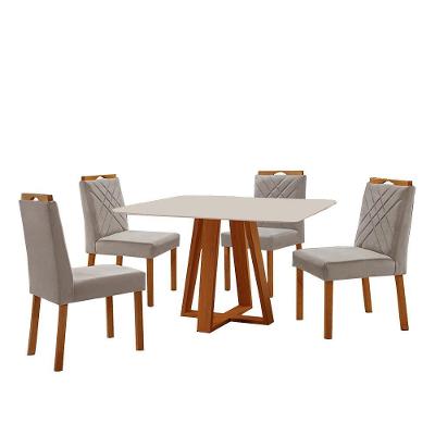 Conjunto Sala De Jantar Mesa Floripa 120x90cm Off White Com 4 Cadeiras Dallas Veludo Cinza