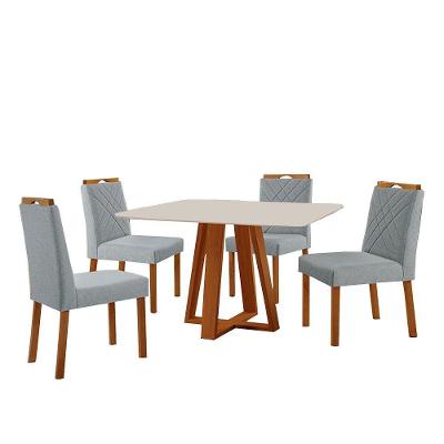 Conjunto Sala De Jantar Mesa Floripa 120x90cm Off White Com 4 Cadeiras Dallas Linho Cinza