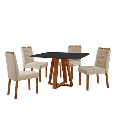 Conjunto Sala De Jantar Mesa Floripa 120x90cm Preto Com 4 Cadeiras Dallas Linho Bege