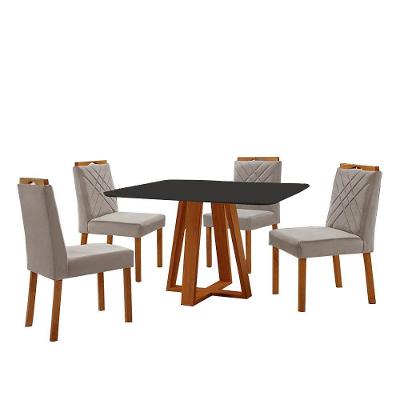 Conjunto Sala De Jantar Mesa Floripa 120x90cm Preto Com 4 Cadeiras Dallas Veludo Cinza