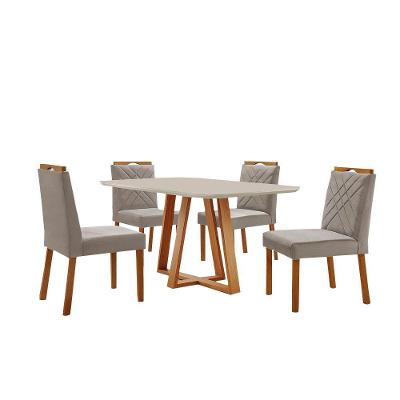 Conjunto Sala De Jantar Mesa Florença 140x80cm Off White Com 4 Cadeiras Dallas Veludo Cinza