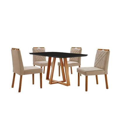 Conjunto Sala De Jantar Mesa Florença 140x80cm Preto Com 4 Cadeiras Dallas Veludo Bege