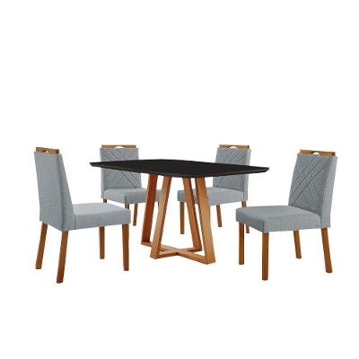 Conjunto Sala De Jantar Mesa Florença 140x80cm Preto Com 4 Cadeiras Dallas Linho Cinza