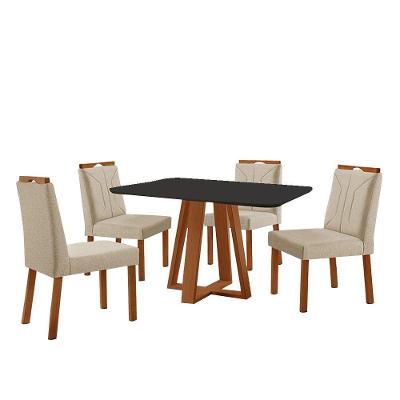 Conjunto Sala De Jantar Mesa Floripa 120x90cm Preto Com 4 Cadeiras Luna Linho Bege