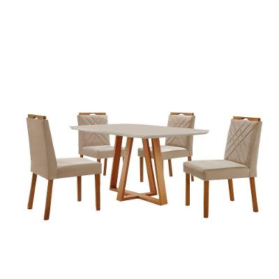 Conjunto Sala De Jantar Mesa Florença 140x80cm Off White Com 4 Cadeiras Dallas Veludo Bege