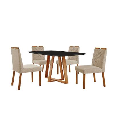 Conjunto Sala De Jantar Mesa Florença 140x80cm Preto Com 4 Cadeiras Dallas Linho Bege