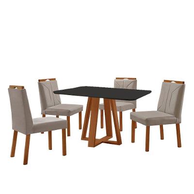 Conjunto Sala De Jantar Mesa Floripa 120x90cm Preto Com 4 Cadeiras Luna Veludo Cinza