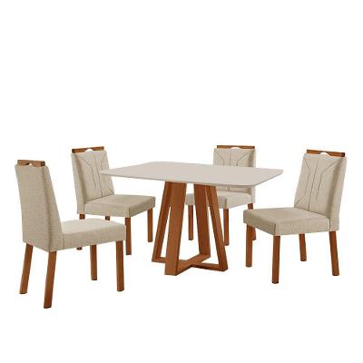 Conjunto Sala De Jantar Mesa Floripa 120x90cm Off White Com 4 Cadeiras Luna Linho Bege