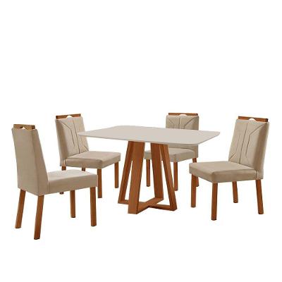 Conjunto Sala De Jantar Mesa Floripa 120x90cm Off White Com 4 Cadeiras Luna Veludo Bege