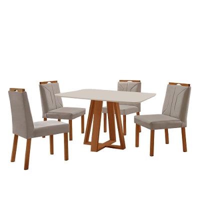 Conjunto Sala De Jantar Mesa Floripa 120x90cm Off White Com 4 Cadeiras Luna Veludo Cinza