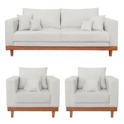 Kit 2 Poltronas Living + Sofá 3 Lugares Com Base Madeira Linho Bege
