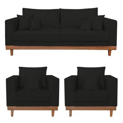 Kit 2 Poltronas Living + Sofá 3 Lugares Com Base Madeira Suede Preto