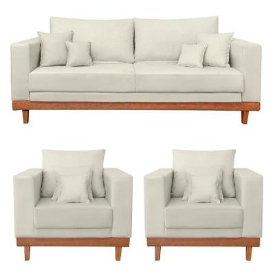 Kit 2 Poltronas Living + Sofá 3 Lugares Com Base Madeira Suede Bege