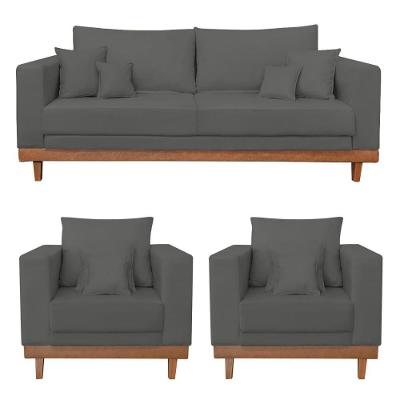 Kit 2 Poltronas Living + Sofá 3 Lugares Com Base Madeira Suede Cinza