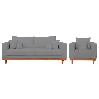 Kit Poltrona Living + Sofá 2 Lugares Com Base Madeira Linho Grafite