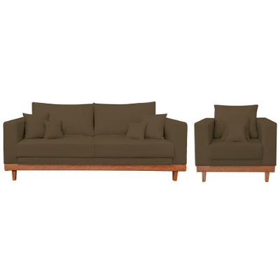 Kit Poltrona Living + Sofá 2 Lugares Com Base Madeira Suede Marrom