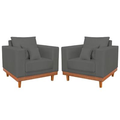 Kit 02 Poltrona Living Suede Base Madeira Sala Recepção Cinza