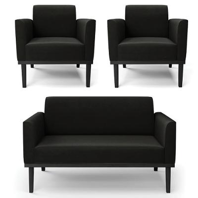 Sofá Namoradeira E 2 Poltronas Base Madeira Preto Maressa Suede Preto - Ibiza