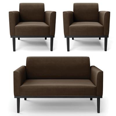 Sofá Namoradeira E 2 Poltronas Base Madeira Preto Maressa Suede Marrom - Ibiza