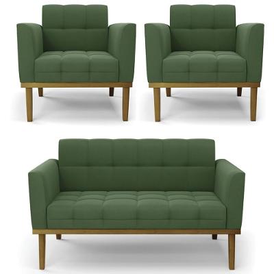 Sofá Namoradeira E 2 Poltronas Base Madeira Castanho Ana Suede Verde - Ibiza