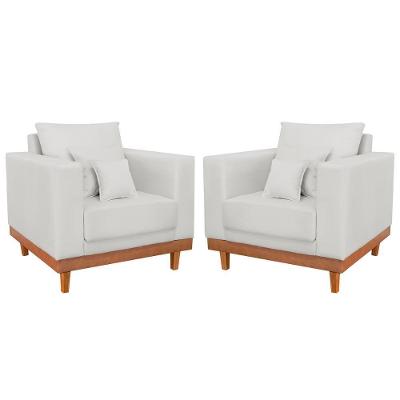 Kit 2 Poltronas Reforçada Linho Pés Base Madeira + Almofadas Bege