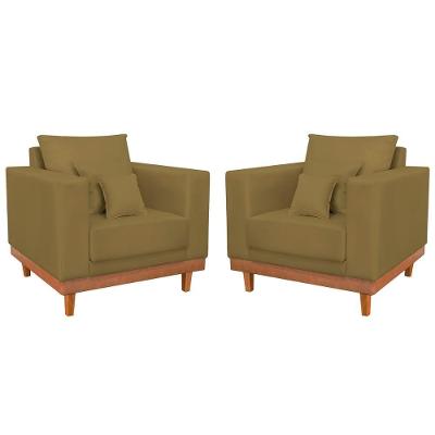 Kit 2 Poltronas Suede Resistentes Base Madeira + Almofadas Capuccino