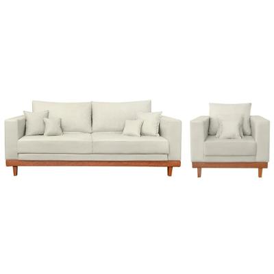 Kit Poltrona + Sofá 3 Lugares Reforçado Base Madeira Suede Bege