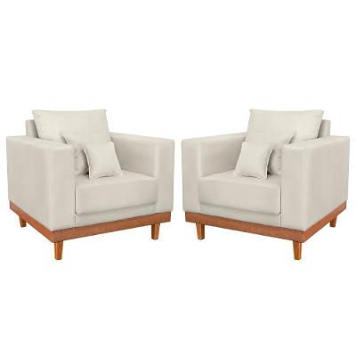 Kit 2 Poltronas Reforçada Suede Pés Base Madeira + Almofadas Bege