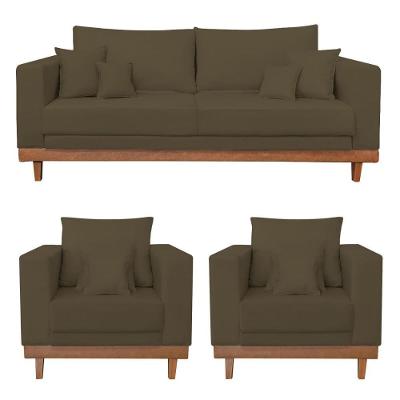 Kit 2 Poltronas Living + Sofá 2 Lugares Base Madeira Suede Marrom
